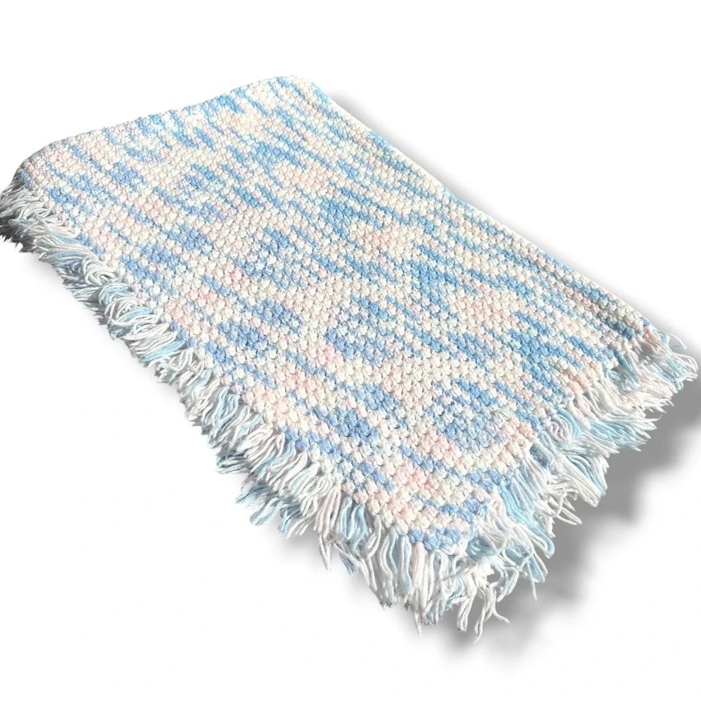 Handmade Crochet Baby Blanket Pastel Blue Pink White Variegated Fringed Afghan